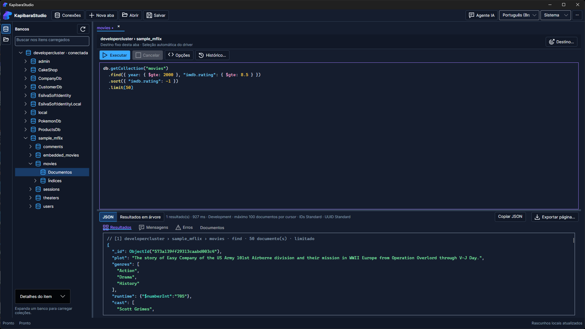 Console do KapibaraStudio com uma consulta find na coleção movies e o resultado em Extended JSON.