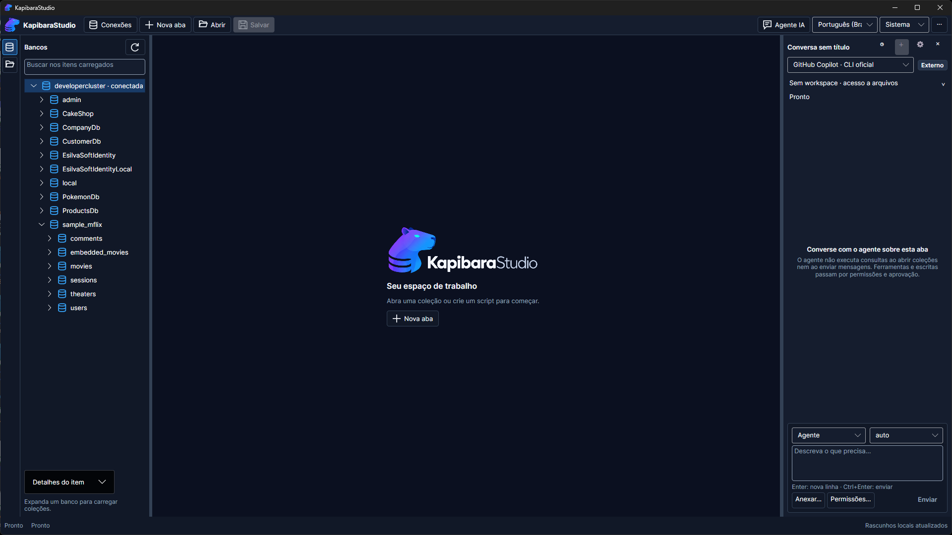 KapibaraStudio com o Explorer conectado, a tela inicial do espaço de trabalho e o painel Agente IA aberto.